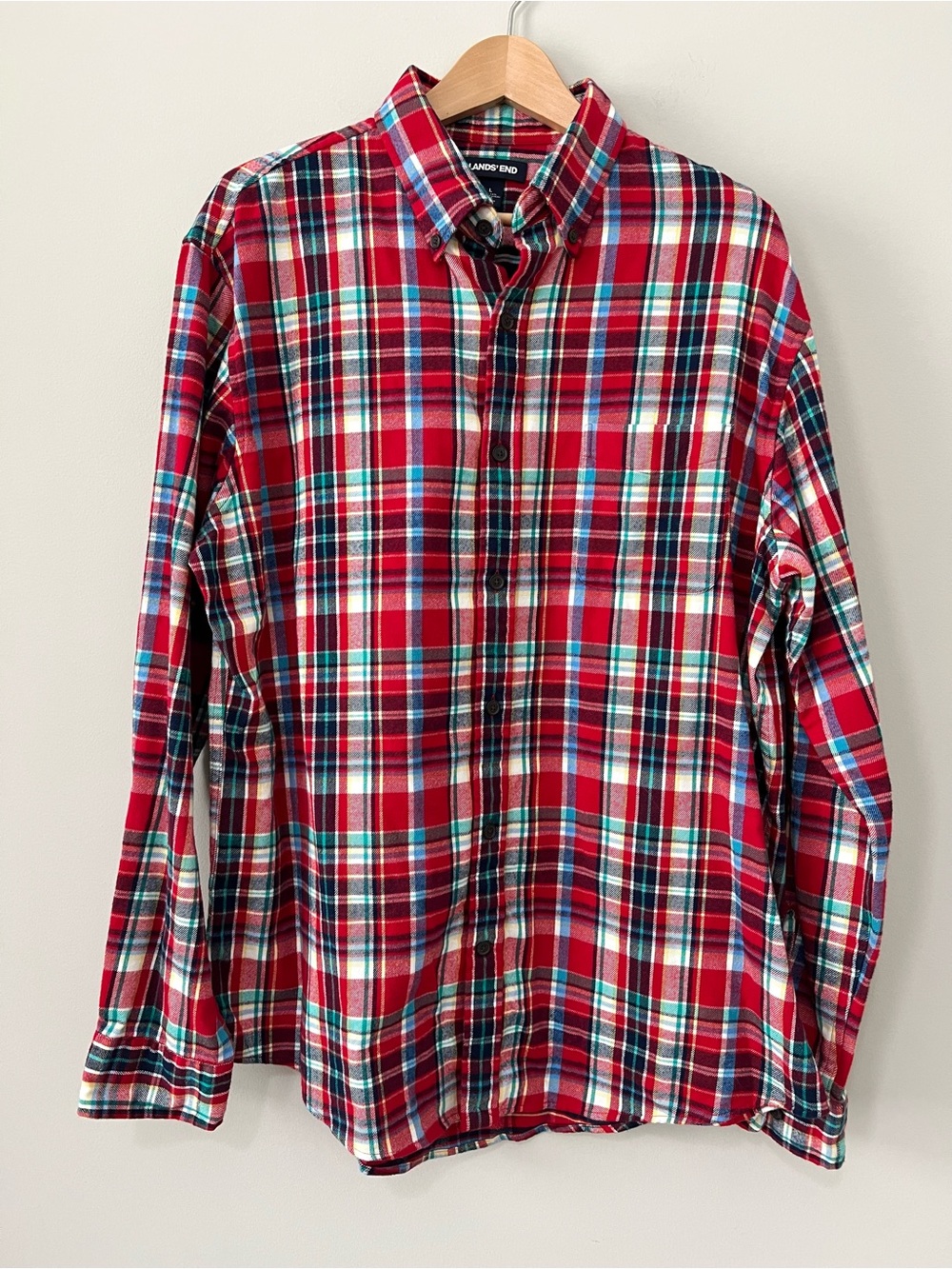 Lands' End Men's Red Plaid Flannel Shirt Size L Traditional Fit Like New